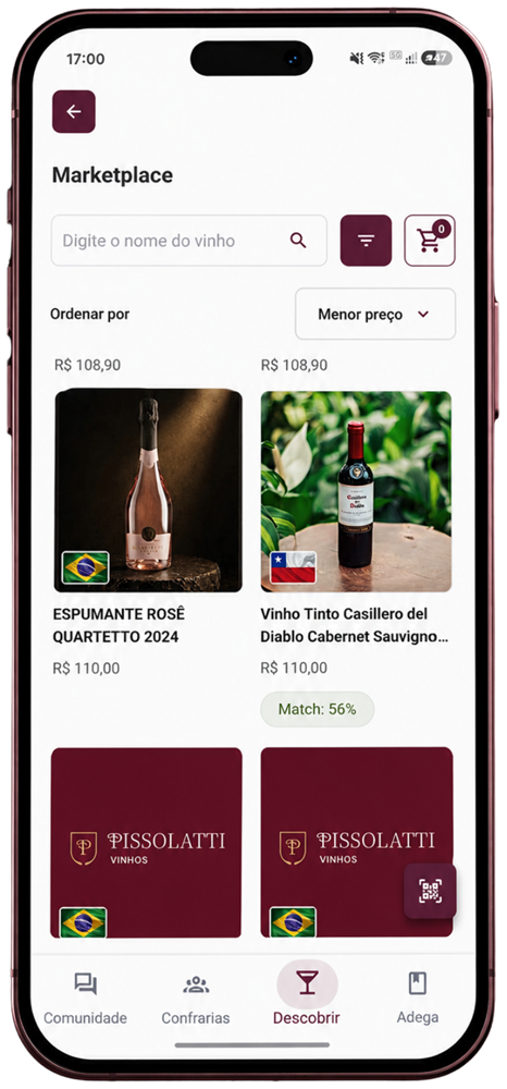 App de vinhos, tela de recomendações